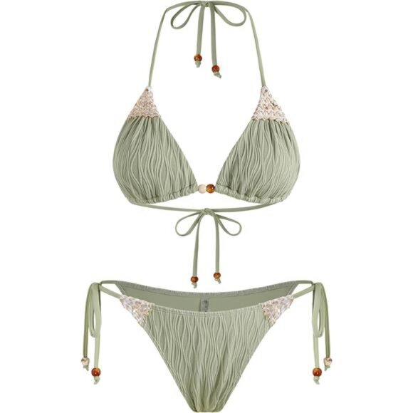 Women's Texture Triangle Bikini Sets Halter Ties Swimsuit Tie Sides Thong - Picture 1 of 7